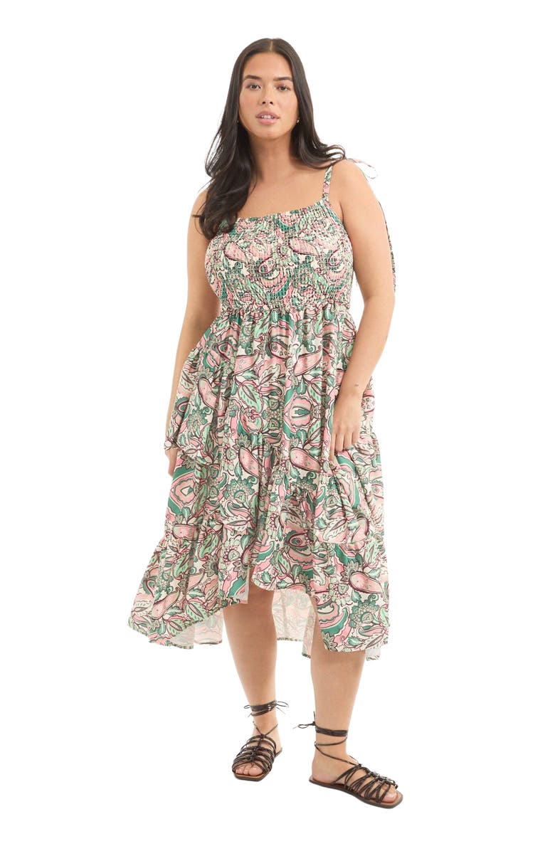 June + Vie Tiered Smocked Midi Dress, Main, color, Paisley Pink
