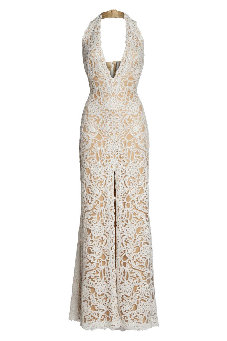 Halter Sequin Lace Column Wedding Dress, Alternate, color, IVORY/PETAL