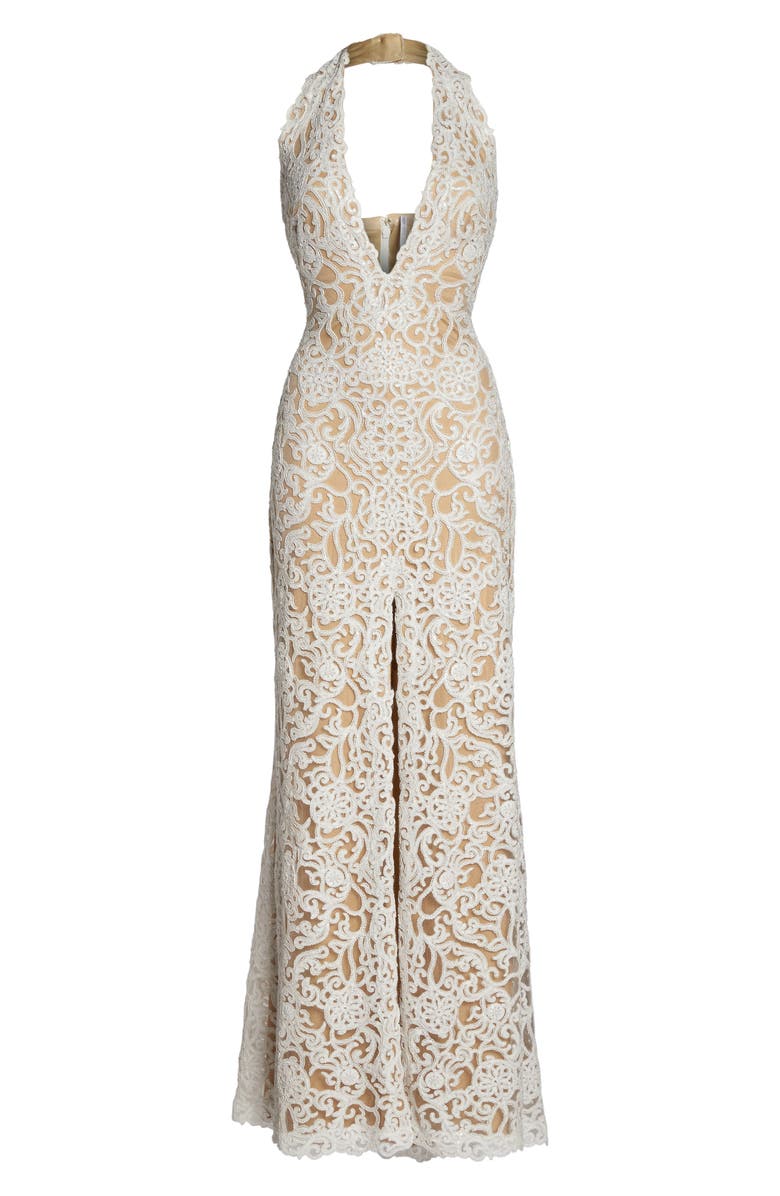 Tadashi Shoji Halter Sequin Lace Column Wedding Dress, Alternate, color, 