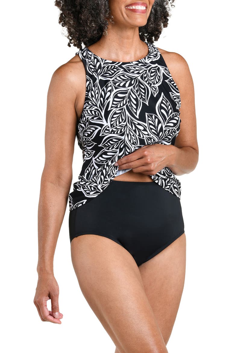 Native Vines High Neck Tankini Top, Alternate, color, BLACK