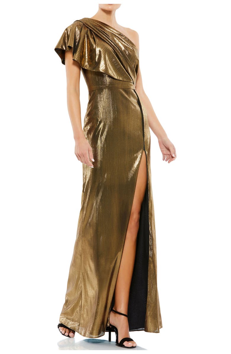 Mac Duggal Ruffled One Shoulder Metallic Evening Gown, Main, color, Bronze
