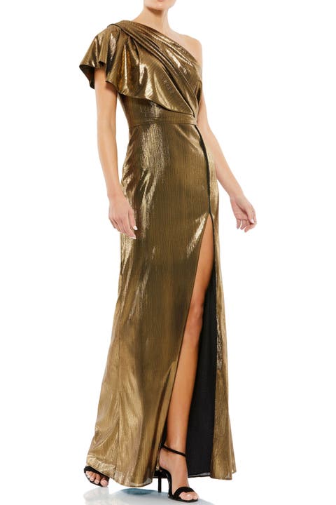 Ruffled One Shoulder Metallic Evening Gown