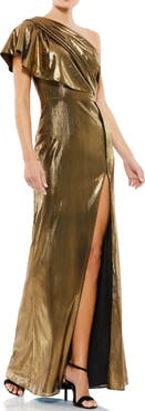 Mac Duggal Ruffled One Shoulder Metallic Evening Gown