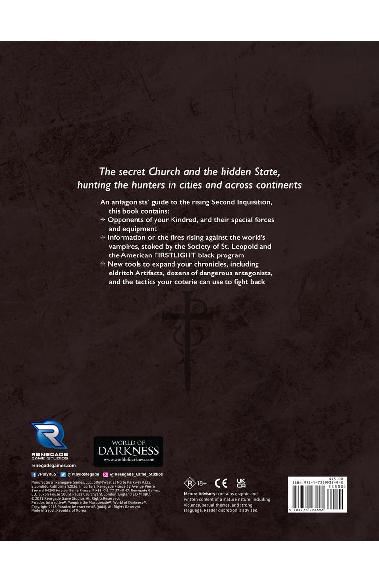 Renegade Game Studios Vampire The Masquerade 5th Edition Roleplaying Game Second Inquisition, Alternate, color, Multicolored