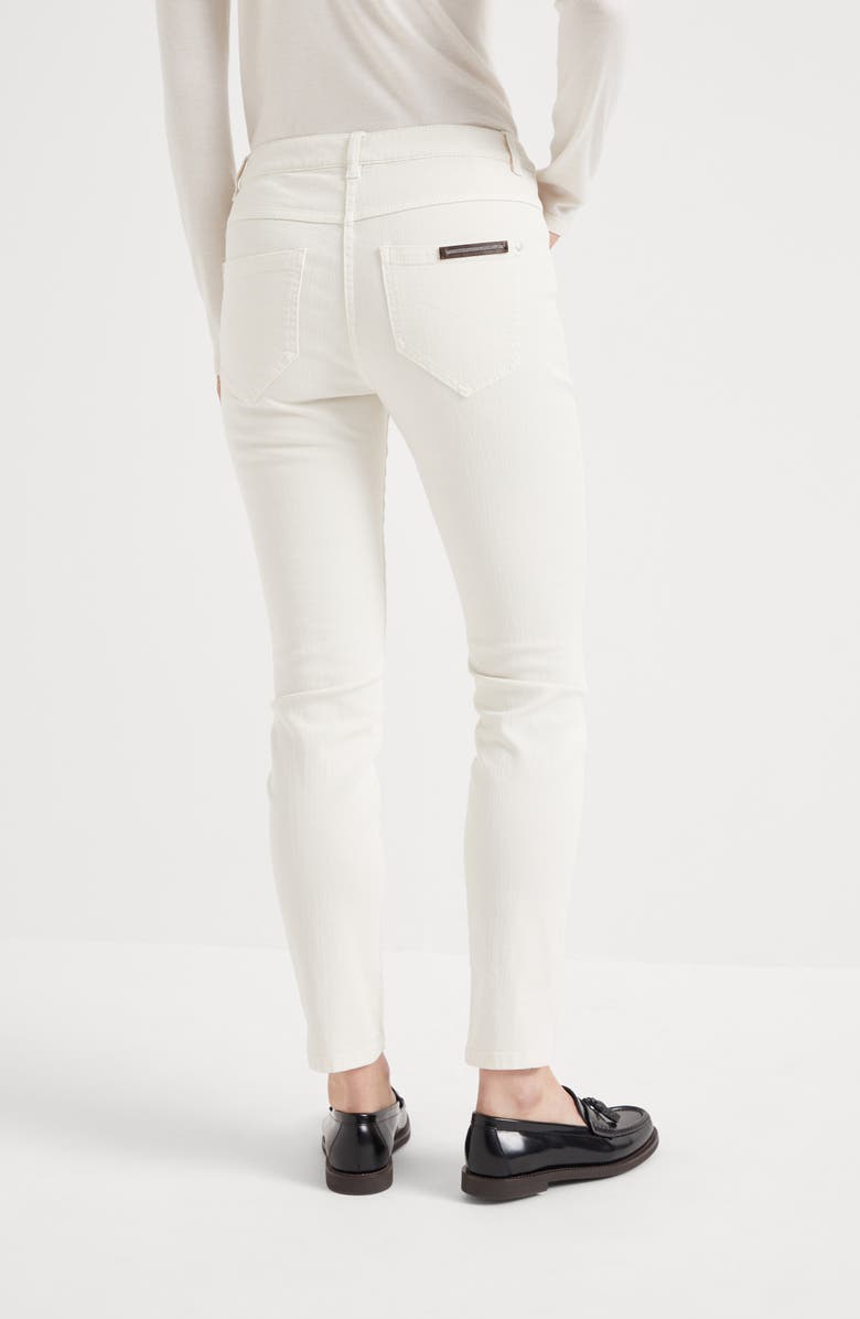 Brunello Cucinelli Stretch dyed denim slim trousers with shiny leather tab, Alternate, color, 