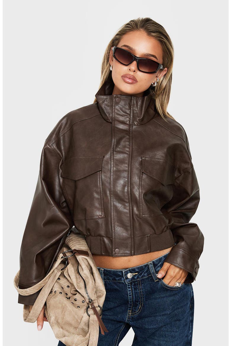 Ace Player Funnel Neck Crop Faux Leather Jacket, Alternate, color, BROWN