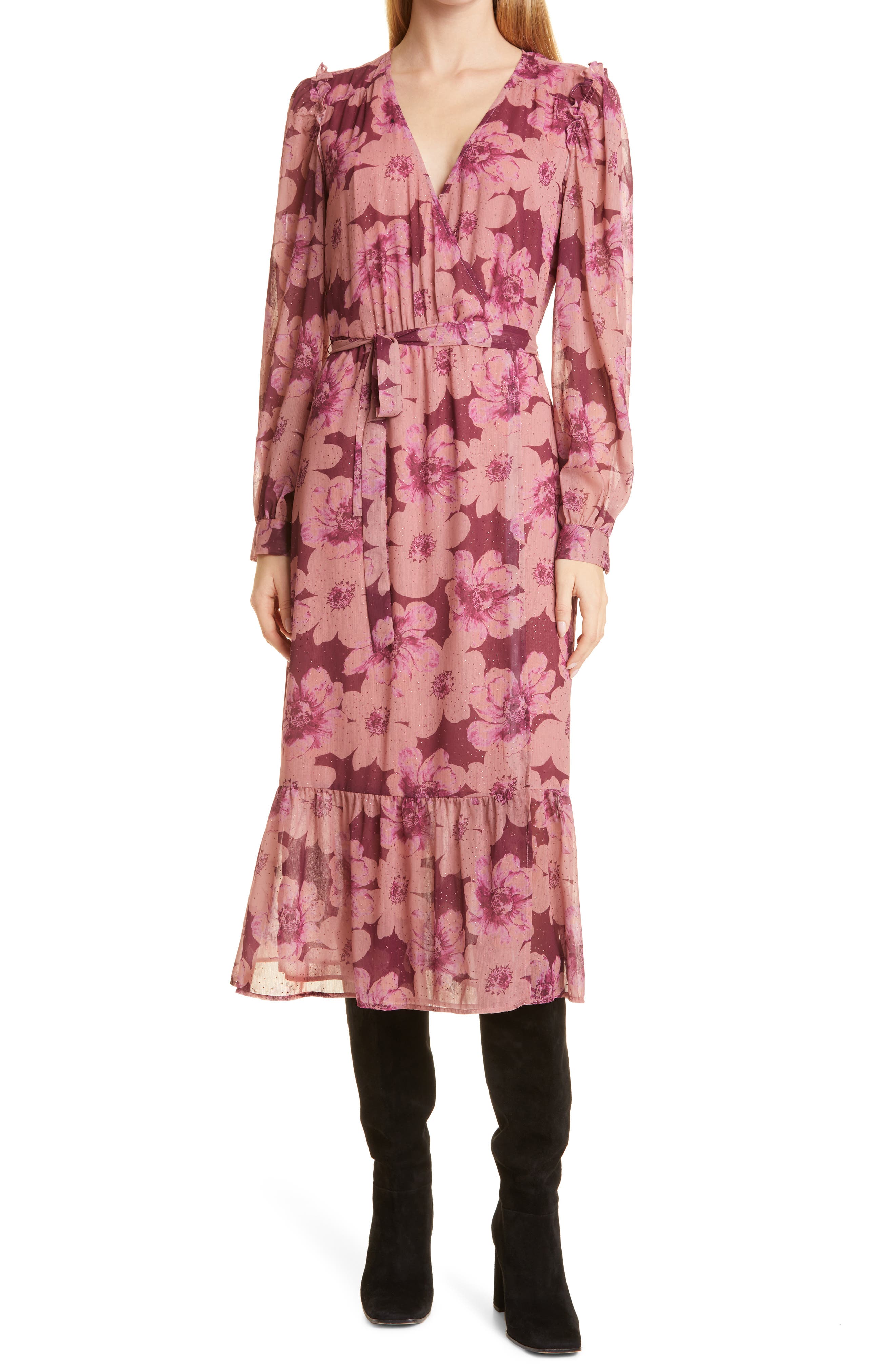 PAIGE Aloe Long Sleeve Midi Wrap Dress