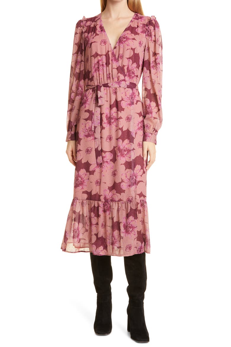 Aloe Long Sleeve Midi Wrap Dress, Main, color, MUTED MAUVE MULTI