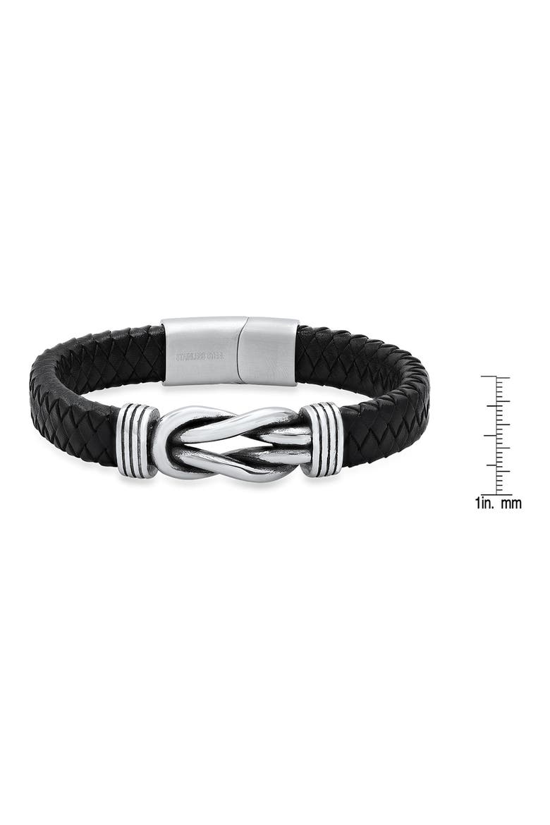 Stainless Steel Knot Charm Leather Braided Bracelet, Alternate, color, BLACK-METALLIC