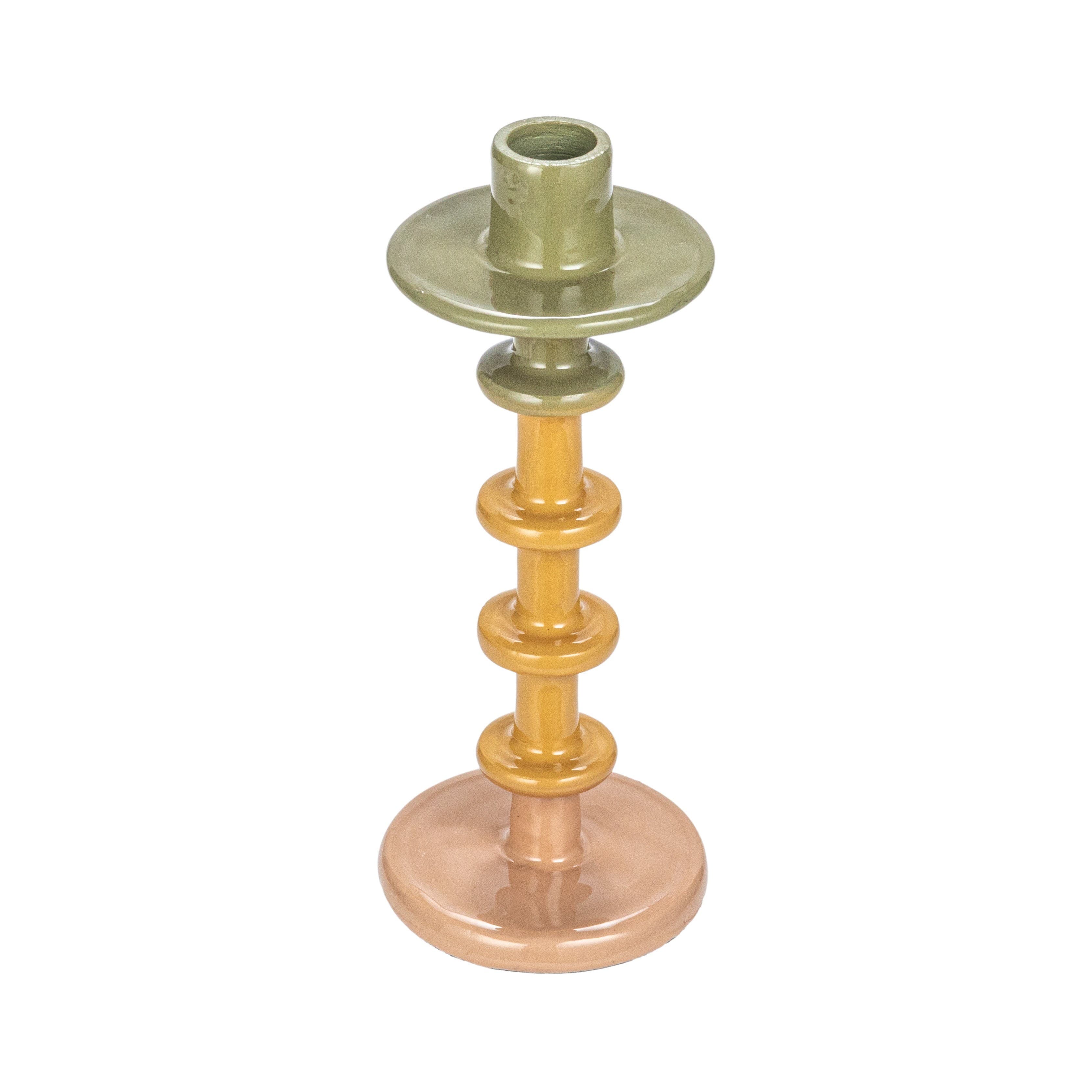 Storied Home Enameled Decorative Metal Taper Candle Holder, Green, Tan And Pink In Multi