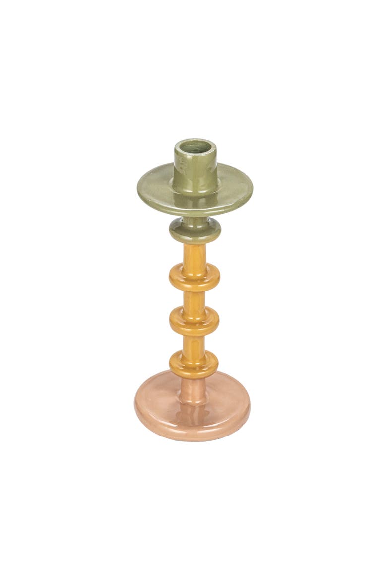 Enameled Decorative Metal Taper Candle Holder, Green, Tan and Pink, Main, color, Yellow