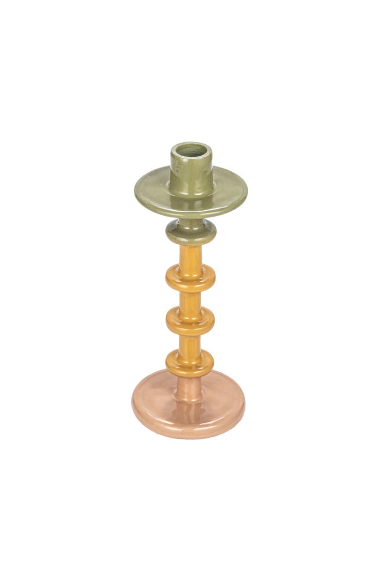 Storied Home Enameled Decorative Metal Taper Candle Holder, Green, Tan and Pink, Main, color, Yellow