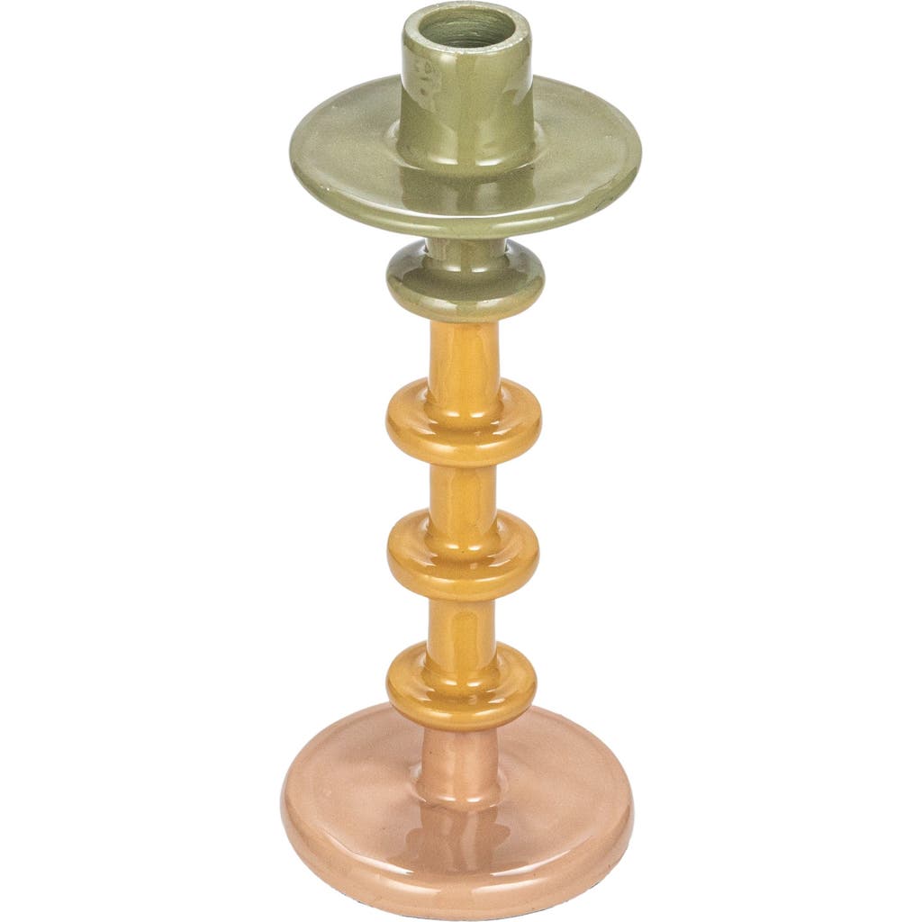 Storied Home Enameled Decorative Metal Taper Candle Holder, Green, Tan And Pink In Multi