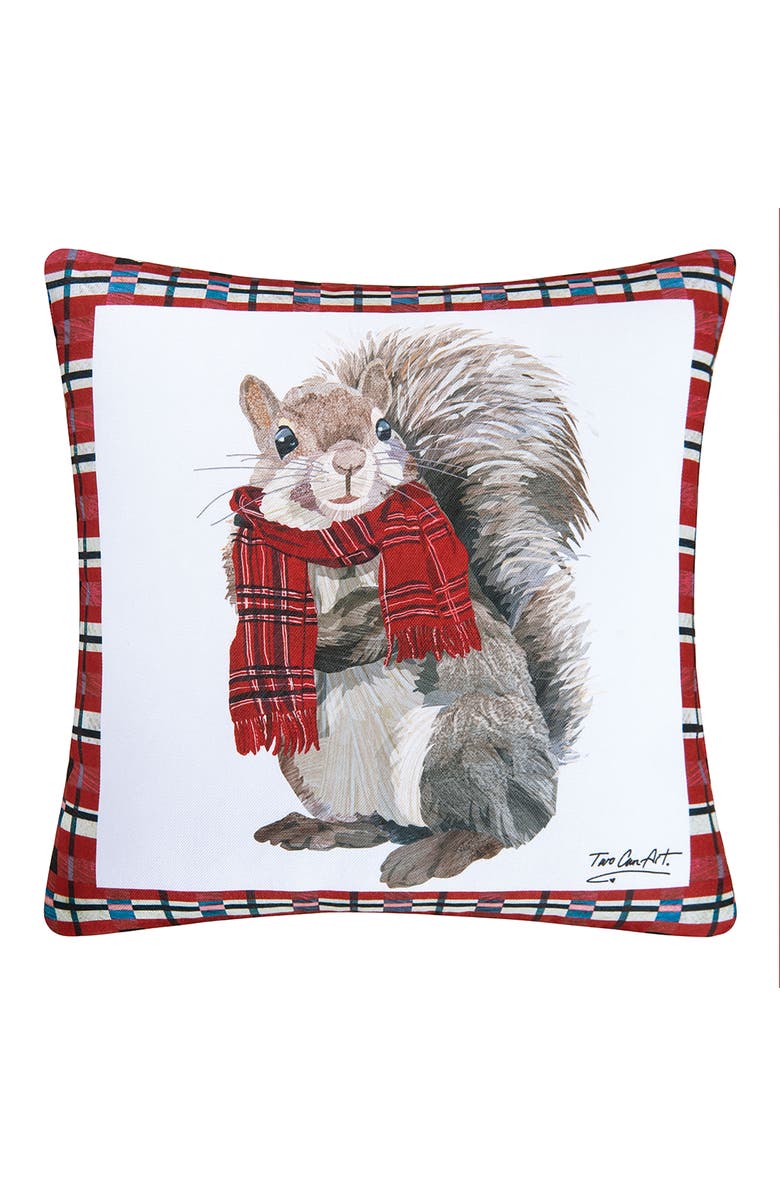 C&F Home Christmas Squirrel Wearing Scarf Plaid Indoor/Outdoor Accent Throw Pillow 18" x 18", Main, color, Red