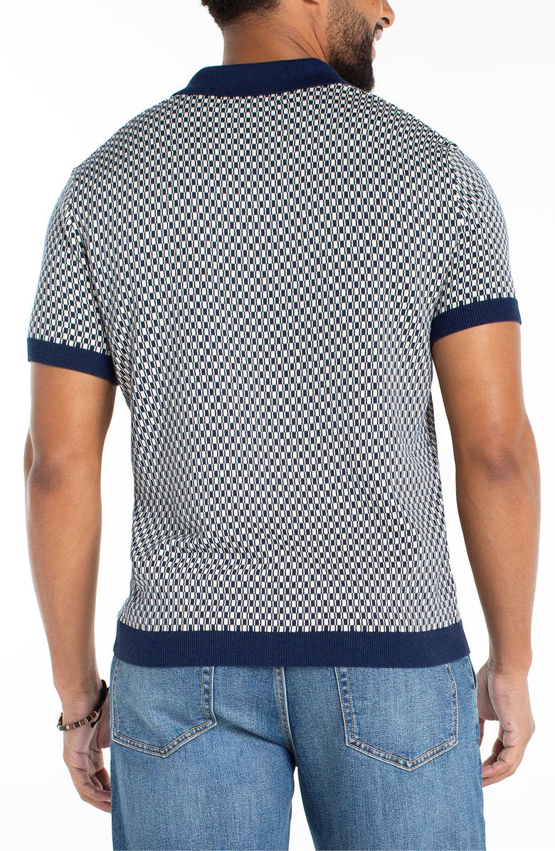 Liverpool Los Angeles Geo Pattern Johnny Collar Polo Sweater, Alternate, color, Navy Parchment