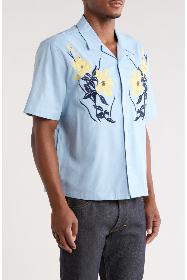 Jasmine Floral Embroidered Cotton & Linen Camp Shirt, Alternate, color, BLUE