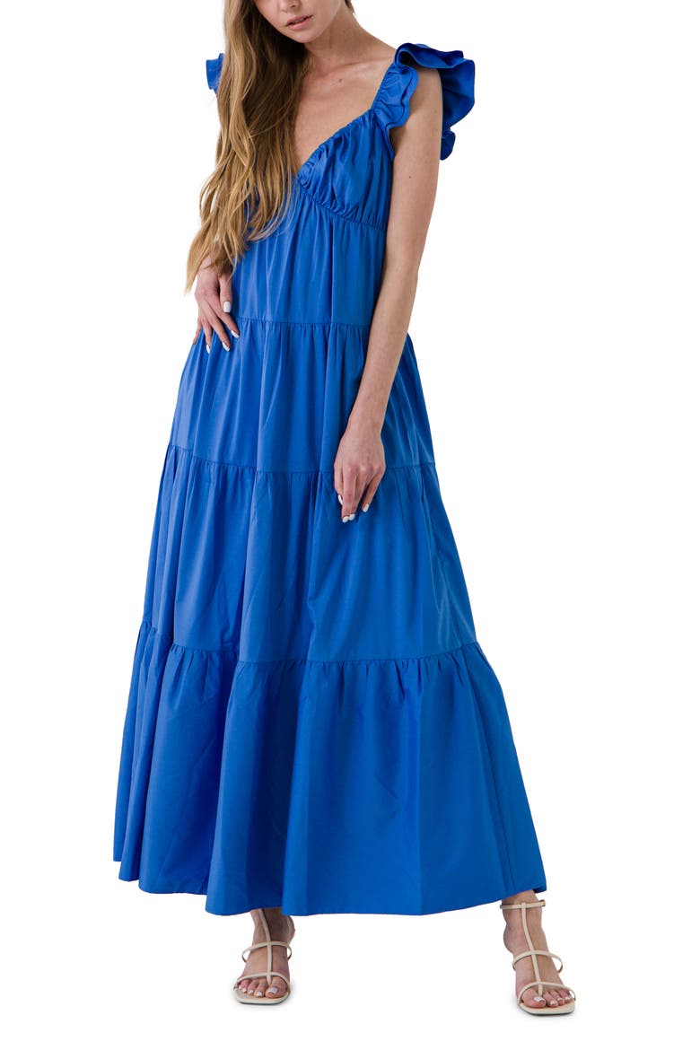 Ruffle Sleeve Maxi Dress, Main, color, BLUE