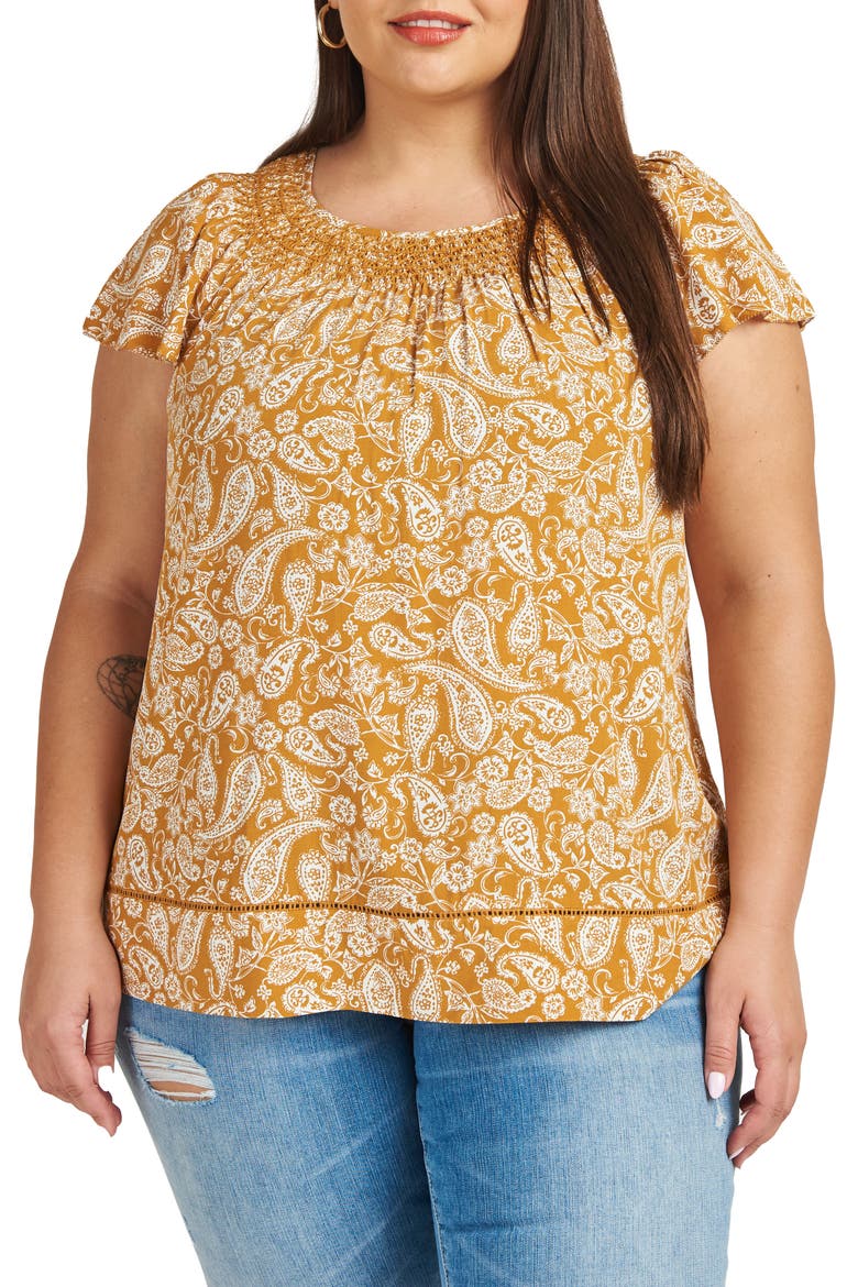 Smocked Neck Paisley Blouse, Main, color, COPPER