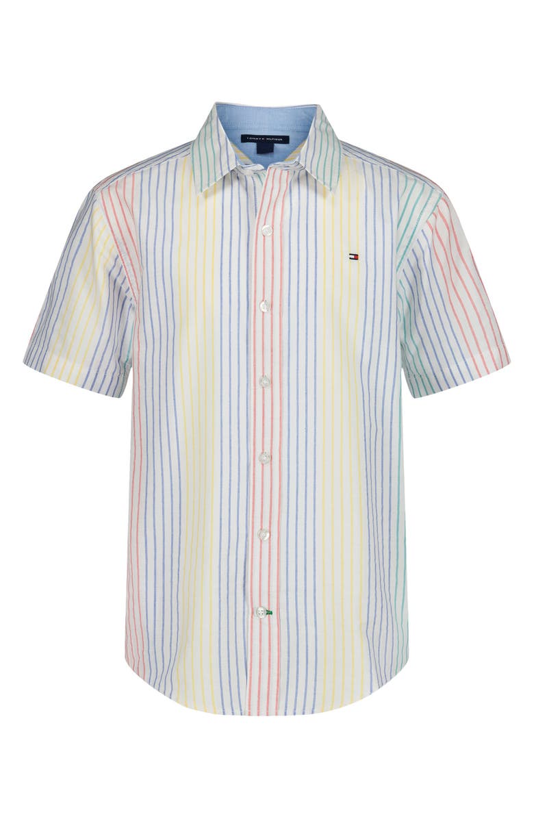 Tommy Hilfiger Kids' Rainbow Stripe Short Sleeve Button-Up Shirt, Main, color, Strong Blue