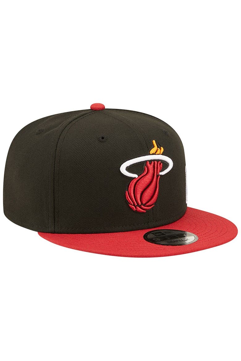 Men's New Era Black/Red Miami Heat Back Letter Arch 9FIFTY Snapback Hat, Alternate, color, Black