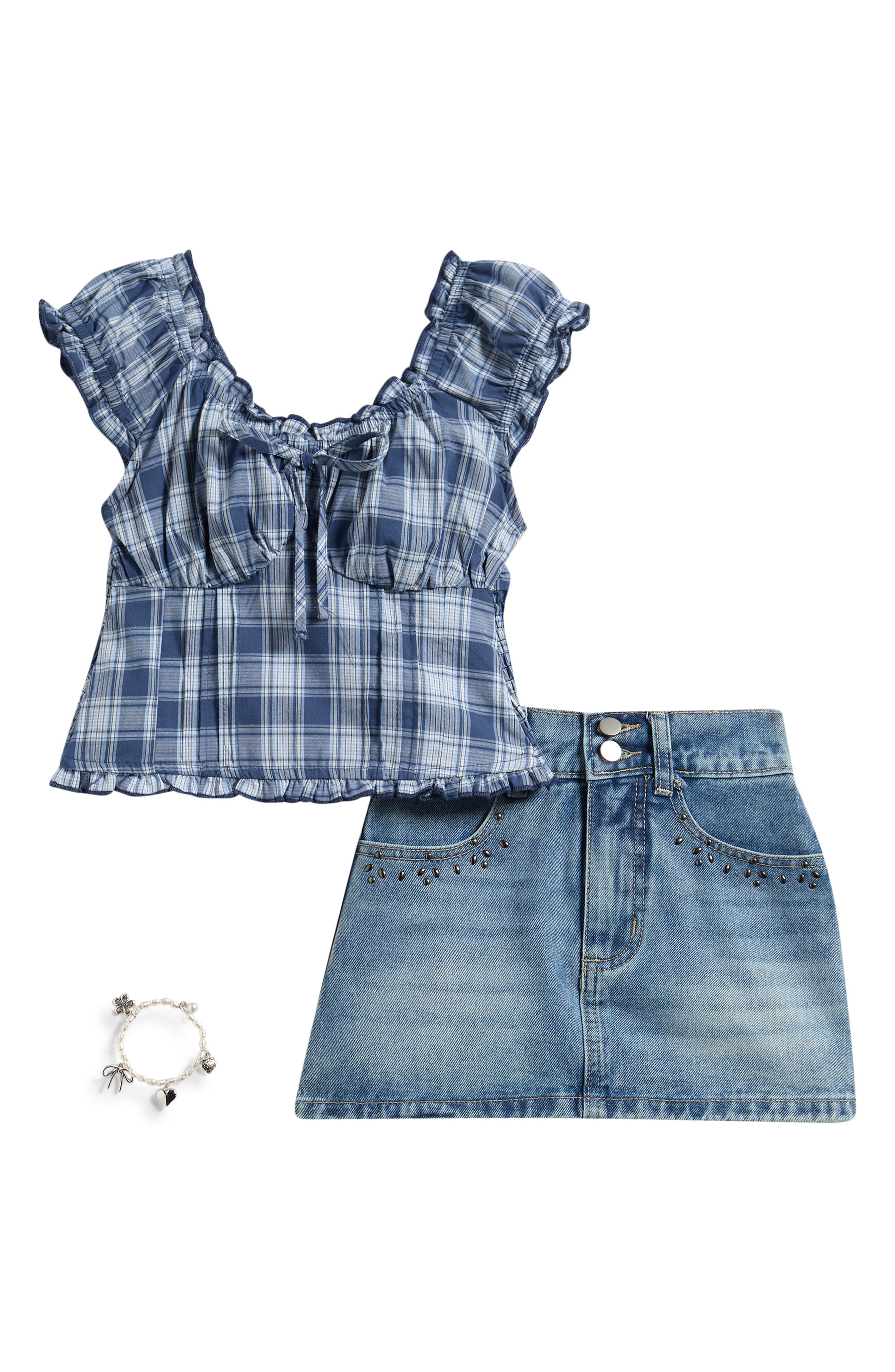 Kids' Plaid Top, Denim Skirt & Bracelet Set