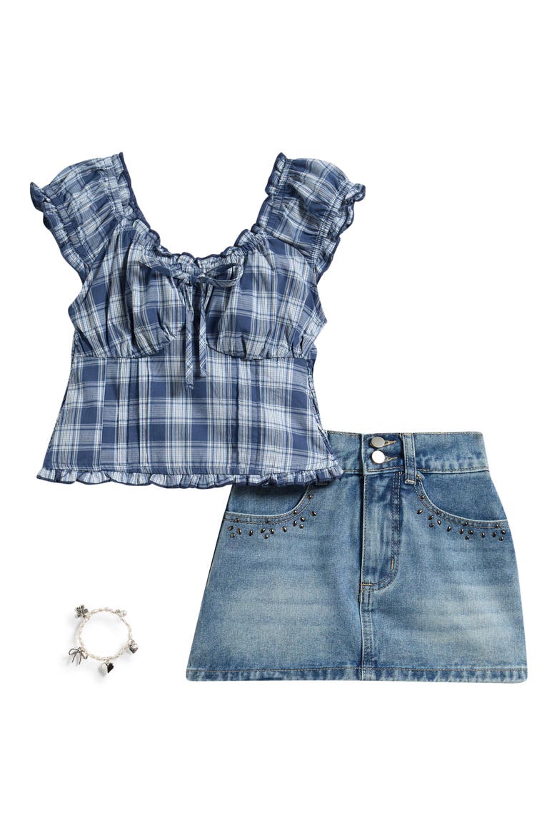 Kids' Plaid Top, Denim Skirt & Bracelet Set, Main, color, BLUE