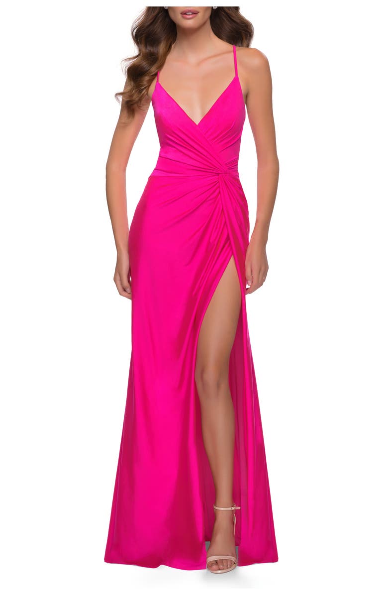 La Femme Neon Pink Jersey Gown with Knot Waist and Lace Up Back, Alternate, color, Hot Pink
