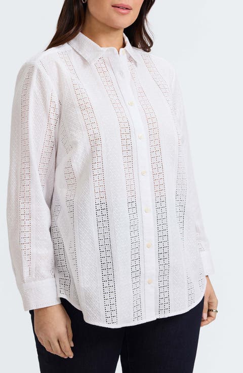 Zoey Mixed Stitch Cotton Button-Up Shirt (Plus)