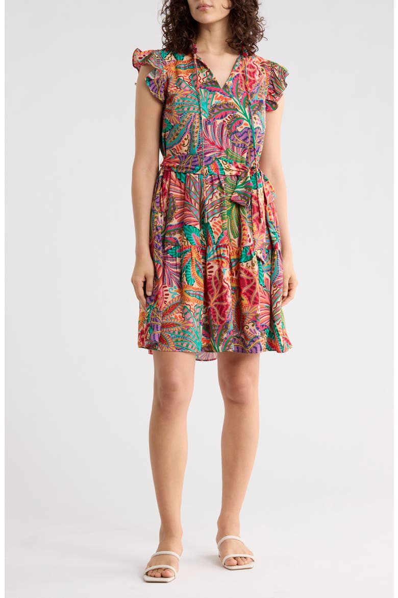 Flutter Sleeve Floral Print Midi Dress, Main, color, RED/ IVORY/ TEAL MULTI