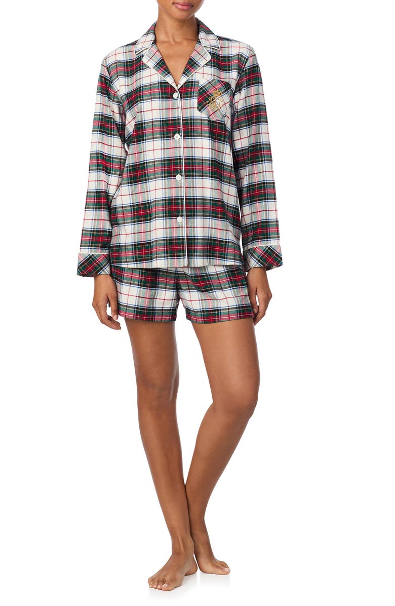 Lauren Ralph Lauren Plaid Cotton Blend Short Pajamas, Main, color, Cream Plaid