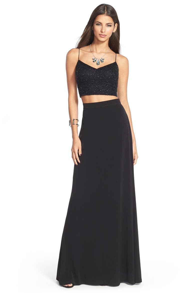 Two-Piece Sequin Jersey Gown, Alternate, color, BLACK