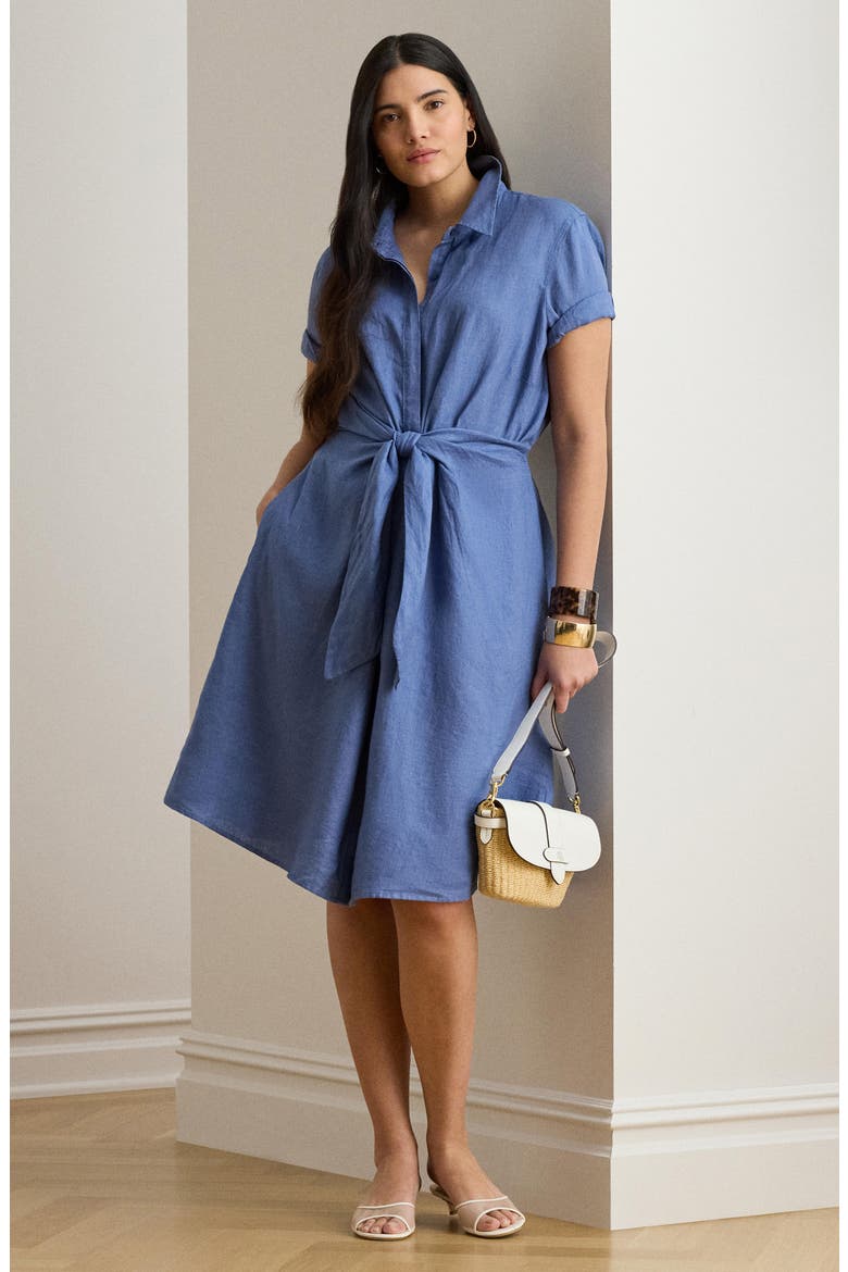 Tie Waist Linen Shirtdress, Alternate, color, CARSON BLUE