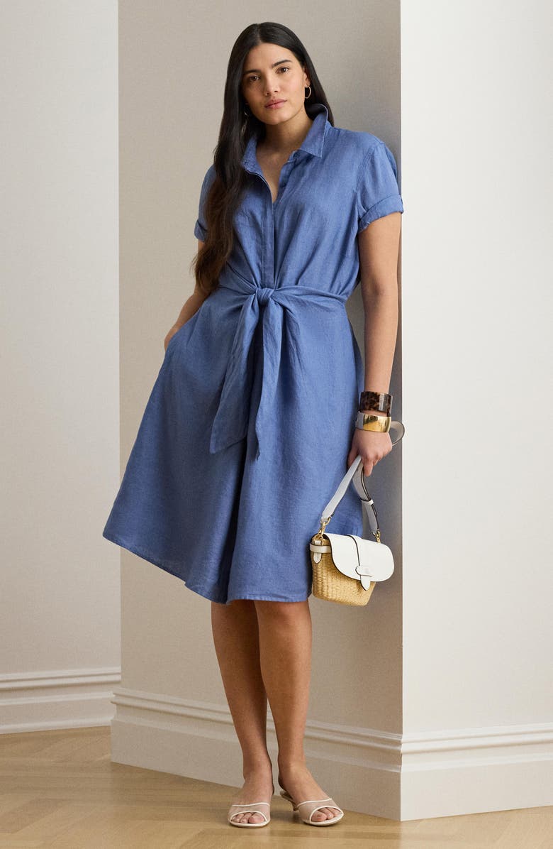 Lauren Ralph Lauren Tie Waist Linen Shirtdress, Alternate, color, Carson Blue