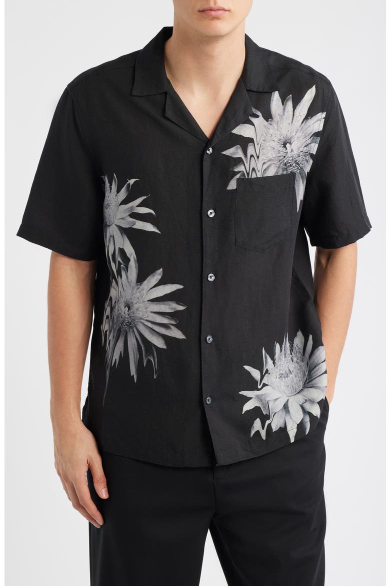 Floraze Floral Graphic Button-Up Camp Shirt, Main, color, JET BLACK