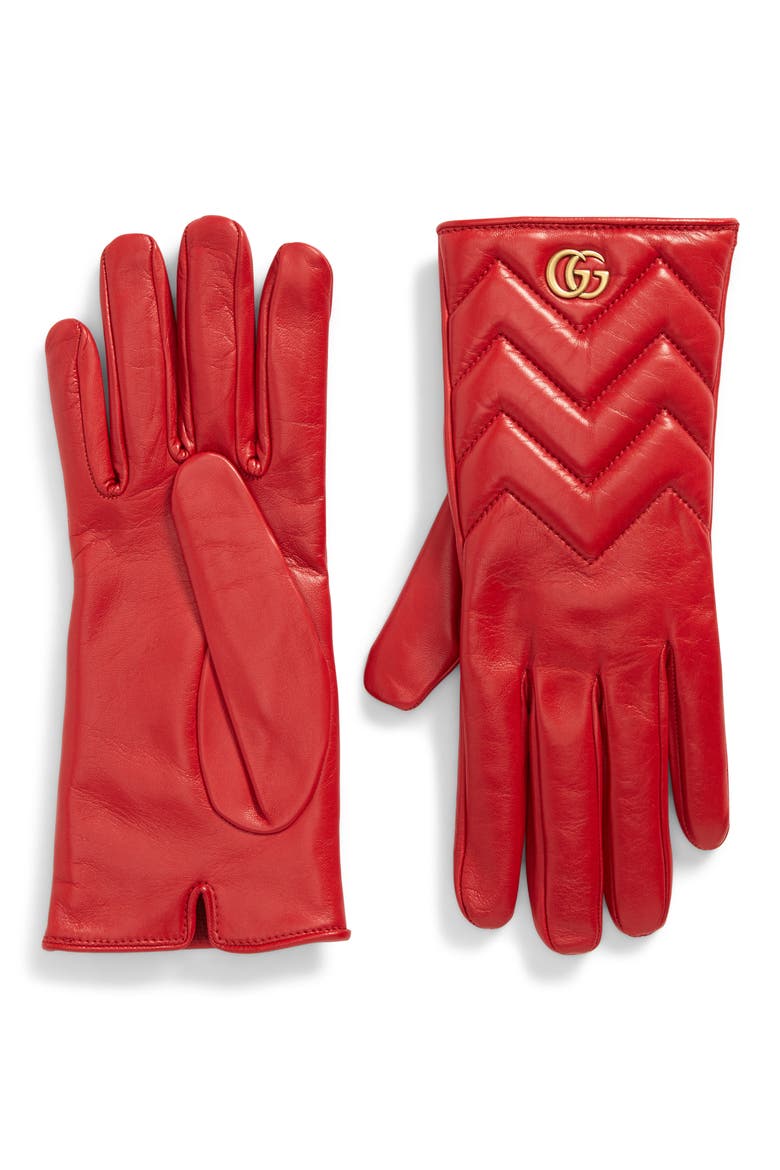 GG Logo Cashmere Lined Quilted Leather Gloves, Main, color, ROSSO