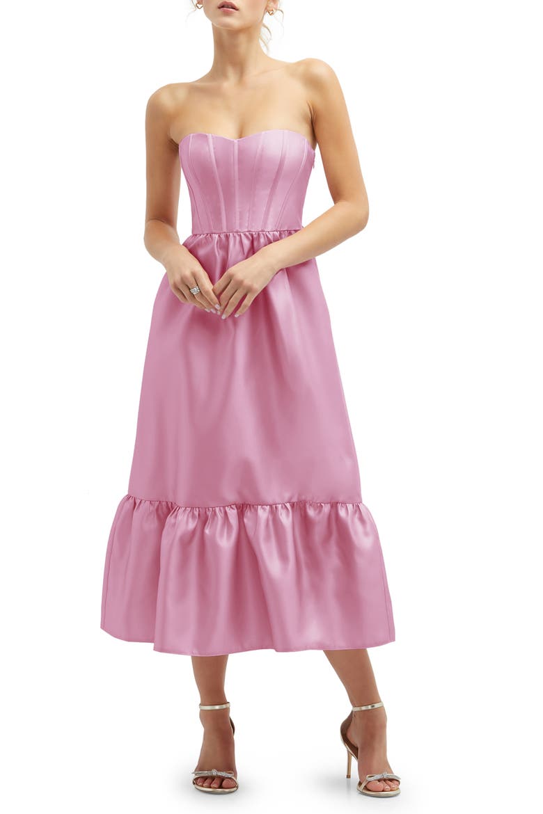 Corset Ruffle Hem Strapless Satin Midi Dress, Main, color, POWDER PINK