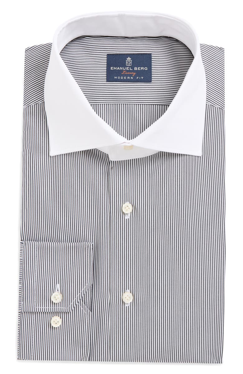 Emanuel Berg Modern Fit Stripe Cotton Poplin Dress Shirt, Main, color, Black