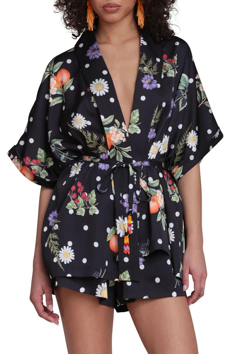 Avec Les Filles Floral Print Belted Tunic, Main, color, Black Scattered Botanical