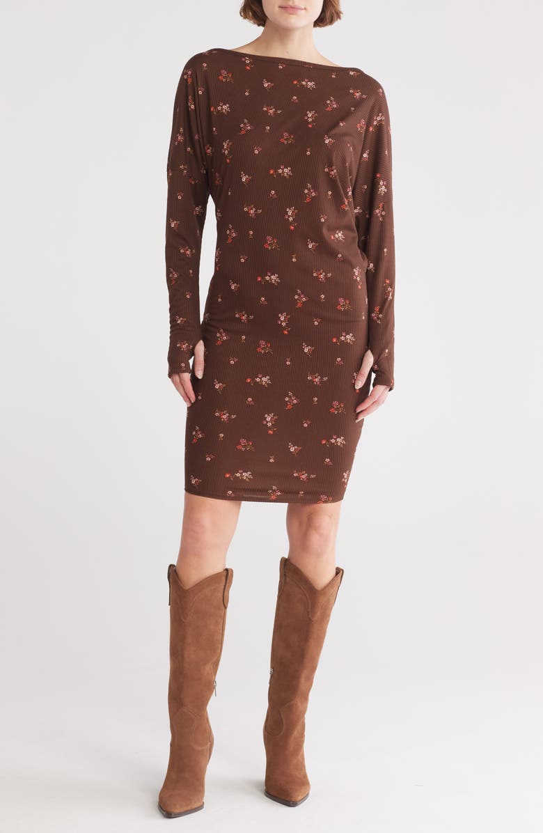 GO COUTURE Long Sleeve Sheath Dress, Main, color, Brown Floral Rib Print