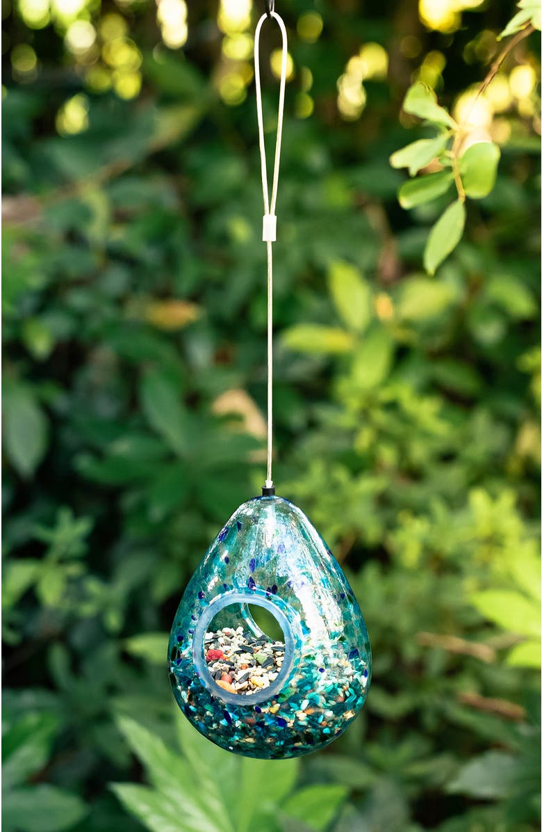 Glitzhome 6.75"H Glass Water Drop Hanging Multi Dots Birdfeeder, Alternate, color, Blue