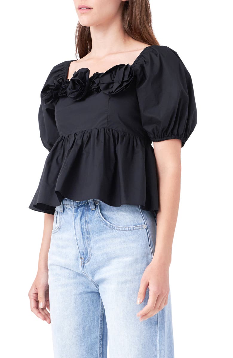 English Factory Corsage Detail Cotton Poplin Top, Alternate, color, Black
