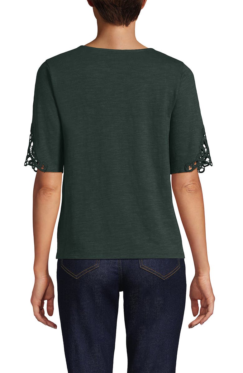 Lands' End Elbow Sleeve Slub Lace Trim T-Shirt, Alternate, color, Evening Forest
