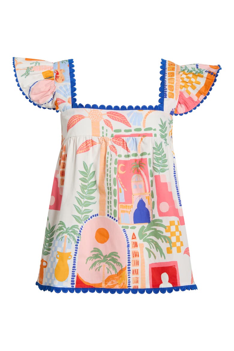 Petrolia Town Ada Embroidered Scalloped Trim Flutter Sleeve Cotton Top, Alternate, color, ORANGE PINK WIHTE