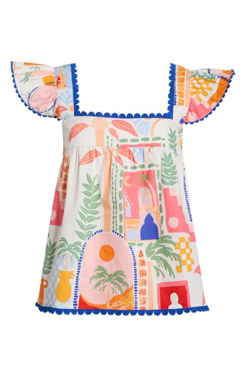 Petrolia Town Ada Embroidered Scalloped Trim Flutter Sleeve Cotton Top