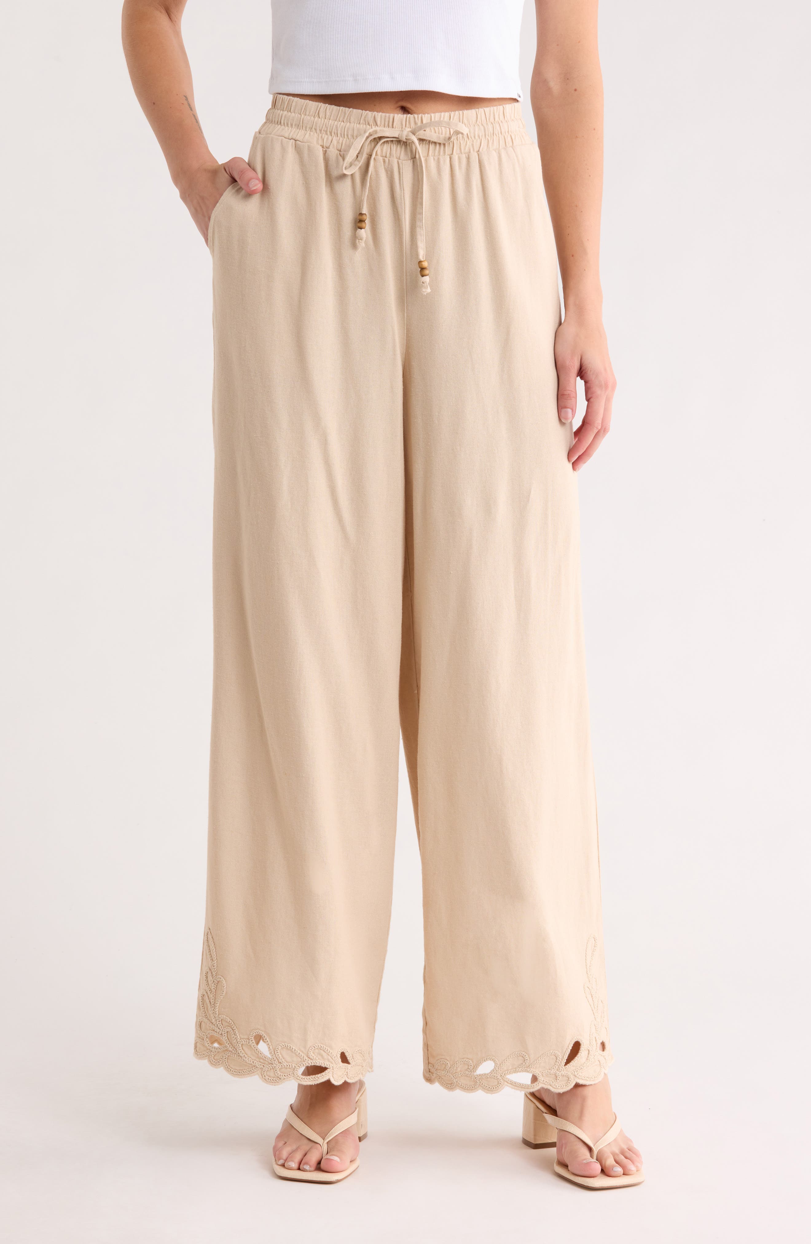 Embroidered Eyelet Hem Wide Leg Pull-On Pants - image 3
