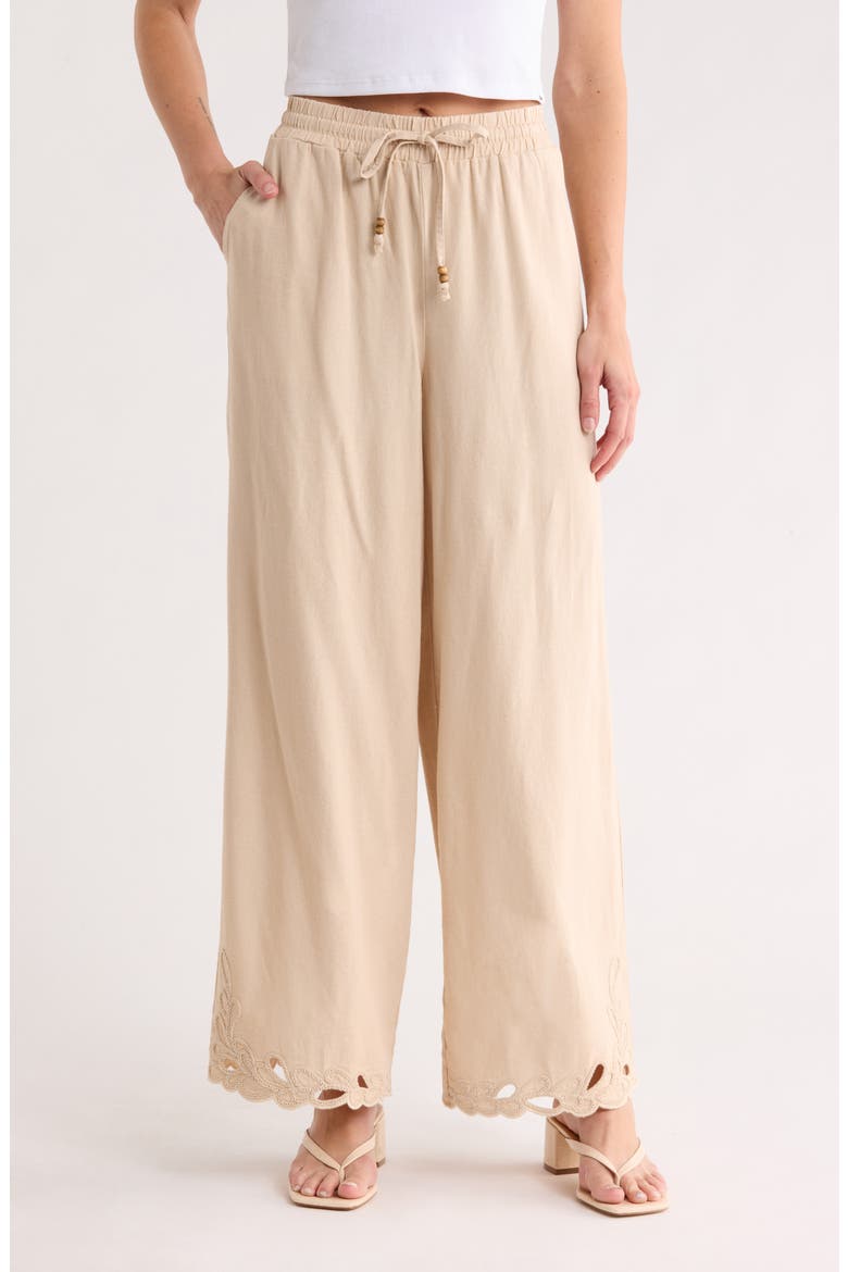 Embroidered Eyelet Hem Wide Leg Pull-On Pants, Main, color, LINEN