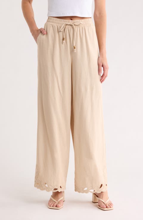 Embroidered Eyelet Hem Wide Leg Pull-On Pants