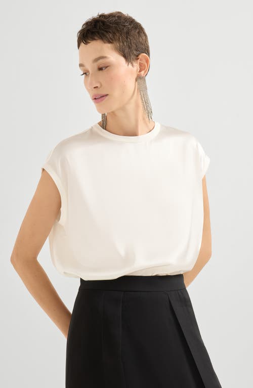 Brunello Cucinelli White Stretch Silk Satin Monili Top In White