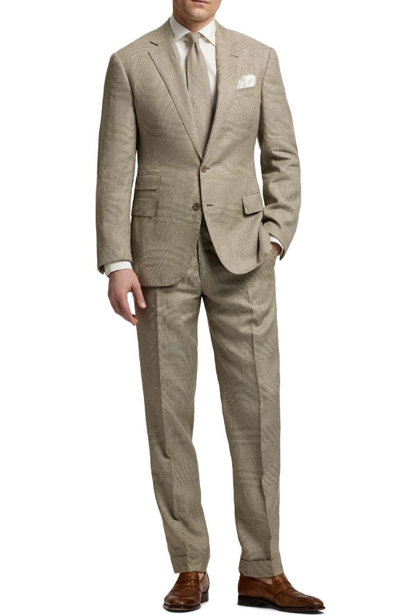 Ralph Lauren Purple Label Flat Front Glen Plaid Linen & Silk Dress Pants, Alternate, color, Summer Sand/ Truffle