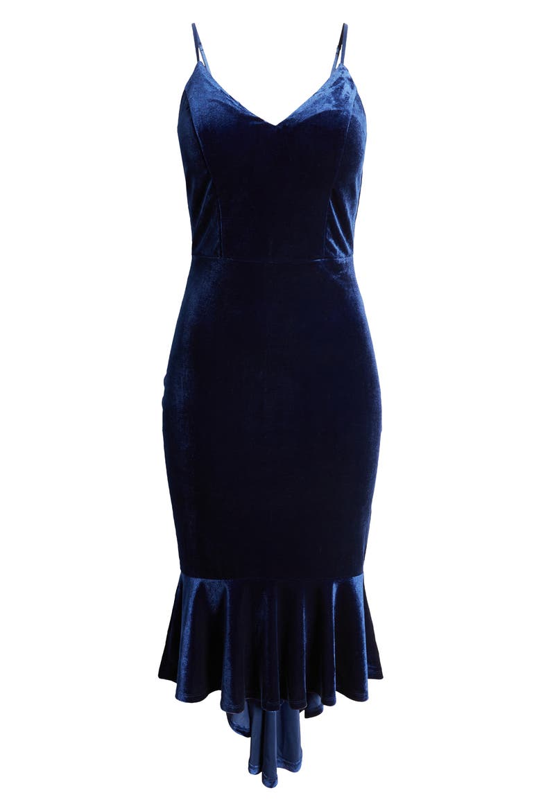 Love, Nickie Lew Ruffle Hem Velvet Dress, Alternate, color, NAVY